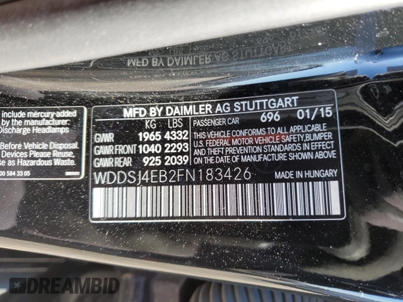 2015 Mercedes-Benz CLA 250 with VIN WDDSJ4EB2FN183426, listed as a Copart auction lot 81934973 with 128,027 mi miles and . Bid and sale history available at DreamBid. Image 12.