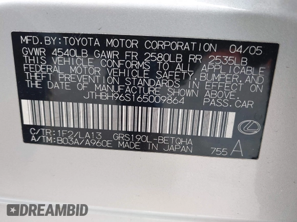 2006 Lexus GS 300 z VIN JTHBH96S165009864, wystawiony jako IAAI lot #42120302 z przebiegiem 191 305 mil mil oraz . Historia ofert i sprzedaży dostępna na DreamBid. Obrazek 9.