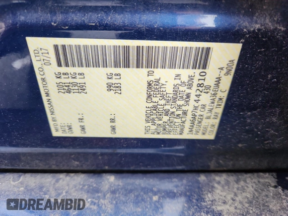 2017 Nissan Maxima S with VIN 1N4AA6AP7HC442810, listed as a Copart auction lot 61164225 with 279,380 mi miles and Salvage title. Bid and sale history available at DreamBid. Image 12.