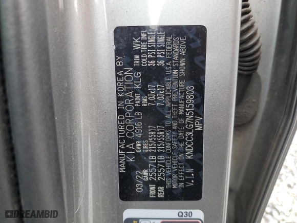 2022 Kia Niro EV S with VIN KNDCC3LG7N5159803, listed as a Copart auction lot 71338544 with 42,583 mi miles and Salvage Title. Bid and sale history available at carsss.com. Image 13.