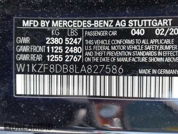 2020 Mercedes-Benz E 350 with VIN W1KZF8DB8LA827586, listed as a IAAI auction lot 42101098 with 66,661 mi miles and . Bid and sale history available at DreamBid. Image 9.