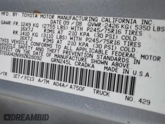 2009 Toyota Tacoma with VIN 5TEUU42N99Z628092, listed as a Copart auction lot 54247685 with 201,412 mi miles and Clean Title. Bid and sale history available at carsss.com. Image 12.
