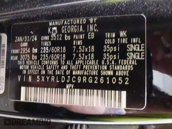 2024 Kia Sorento S z VIN 5XYRLDJC9RG261052, wystawiony jako IAAI lot #42282236 z przebiegiem 23 620 mil mil oraz . Historia ofert i sprzedaży dostępna na DreamBid. Obrazek 9.