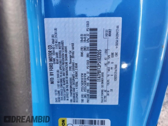 2023 Ford Mustang GT Premium with VIN 1FATP8FF3P5102205, listed as a Copart auction lot 76253414 with 15,474 mi miles and Salvage title. Bid and sale history available at DreamBid. Image 12.