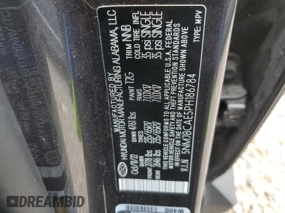 2023 Hyundai Tucson SEL with VIN 5NMJBCAE5PH186784, listed as a Copart auction lot 62896985 with 13,633 mi miles and Salvage title. Bid and sale history available at DreamBid. Image 14.