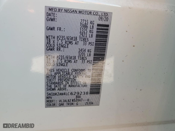 2020 Nissan Pathfinder S with VIN 5N1DR2AN4LC629238, listed as a Copart auction lot 50242925 with 63,114 mi miles and Salvage Title. Bid and sale history available at carsss.com. Image 14.