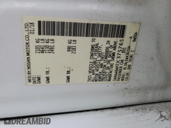 2018 Nissan Maxima Platinum with VIN 1N4AA6AP2JC375765, listed as a Copart auction lot 53343505 with 83,675 mi miles and Salvage Title. Bid and sale history available at DreamBid. Image 12.