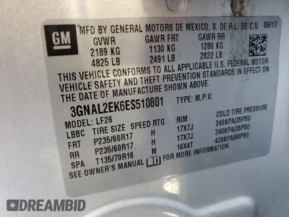 2014 Chevrolet Captiva Sport LS with VIN 3GNAL2EK6ES510801, listed as a Copart auction lot 81506294 with Not Provided miles and Non Repairable. Bid and sale history available at DreamBid. Image 12.