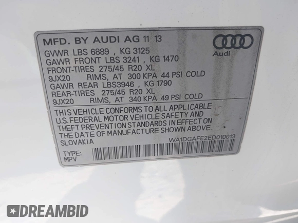2014 Audi Q7 S line Prestige with VIN WA1DGAFE2ED010013, listed as a IAAI auction lot 42454744 with Not provided miles and . Bid and sale history available at DreamBid. Image 9.