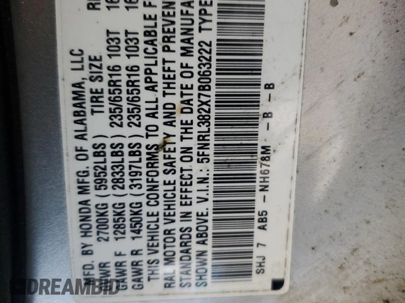 2007 Honda Odyssey LX with VIN 5FNRL382X7B063222, listed as a Copart auction lot 45122975 with 227,044 mi miles and Salvage Title. Bid and sale history available at carsss.com. Image 13.