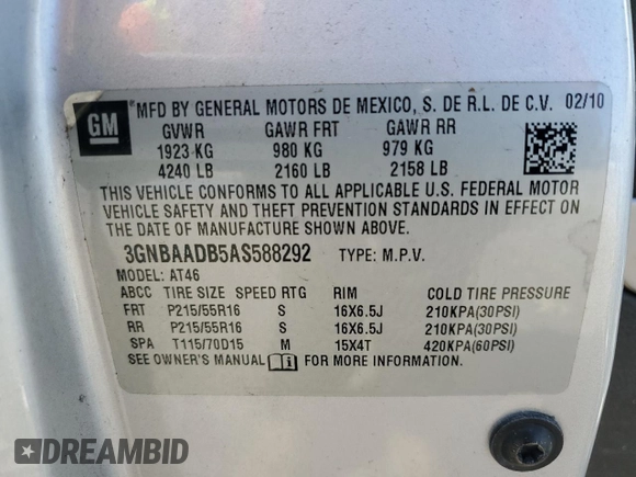 2010 Chevrolet HHR LS with VIN 3GNBAADB5AS588292, listed as a Copart auction lot 52305825 with 153,988 mi miles and Salvage Title. Bid and sale history available at DreamBid. Image 13.