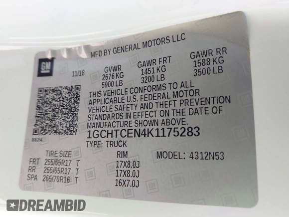 2019 Chevrolet Colorado 4WD LT with VIN 1GCHTCEN4K1175283, listed as a IAAI auction lot 41652804 with 411,521 mi miles. Bid and sale history available at carsss.com. Image 9.