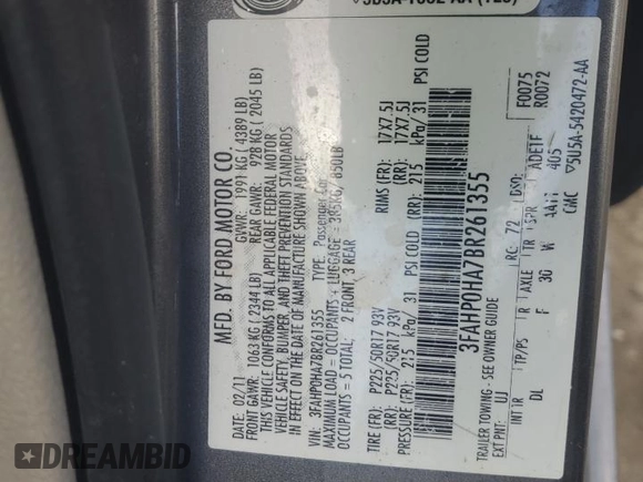 2011 Ford Fusion SE with VIN 3FAHP0HA7BR261355, listed as a Copart auction lot 47248635 with 174,593 mi miles and Salvage Title. Bid and sale history available at carsss.com. Image 12.