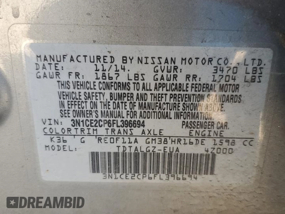 2015 Nissan Note SR с VIN 3N1CE2CP6FL396694, выставлен на аукционе Copart как лот 48344225 с пробегом 127 620 миль миль и Списание • Salvage title. История ставок и продаж доступна на DreamBid. Изображение 14.