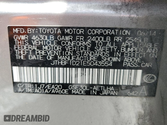 2014 Lexus IS 250 with VIN JTHBF1D21E5043554, listed as a Copart auction lot 65558495 with 171,755 mi miles and Salvage title. Bid and sale history available at DreamBid. Image 13.