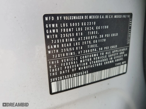 2018 Volkswagen Tiguan SEL with VIN 3VV2B7AX9JM205243, listed as a Copart auction lot 46811425 with 65,506 mi miles and Salvage Title. Bid and sale history available at carsss.com. Image 15.