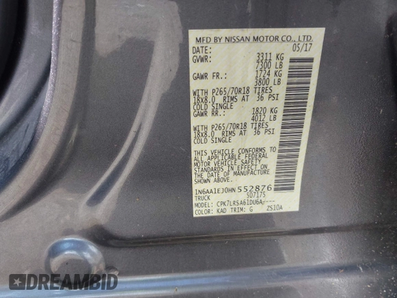 2017 Nissan Titan SV z VIN 1N6AA1EJ0HN552876, wystawiony jako IAAI lot #42319446 z przebiegiem 37 875 mil mil oraz . Historia ofert i sprzedaży dostępna na DreamBid. Obrazek 9.