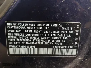 2013 Volkswagen Passat S w/Appearance with VIN 1VWAH7A36DC032693, listed as a IAAI auction lot 41716587 with 82,950 mi miles. Bid and sale history available at carsss.com. Image 9.