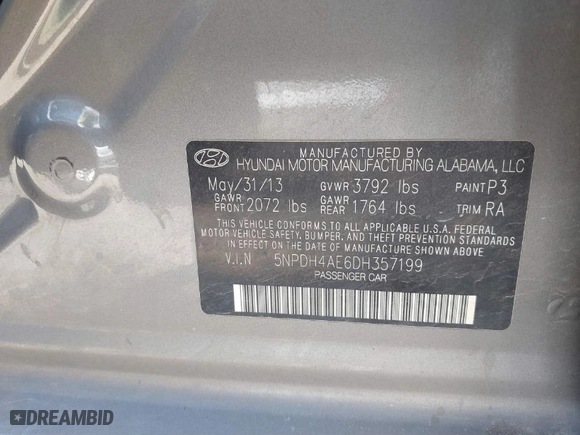 2013 Hyundai Elantra GLS PZEV with VIN 5NPDH4AE6DH357199, listed as a IAAI auction lot 41788694 with 161,467 mi miles. Bid and sale history available at carsss.com. Image 9.
