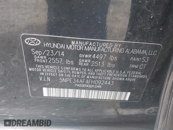 2015 Hyundai Sonata Limited with VIN 5NPE34AF4FH092443, listed as a IAAI auction lot 42166053 with 139,963 mi miles and . Bid and sale history available at carsss.com. Image 9.