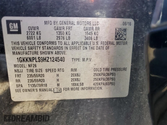 2017 GMC Acadia Denali with VIN 1GKKNPLS9HZ124540, listed as a Copart auction lot 52907425 with 199,514 mi miles and Salvage title. Bid and sale history available at DreamBid. Image 16.