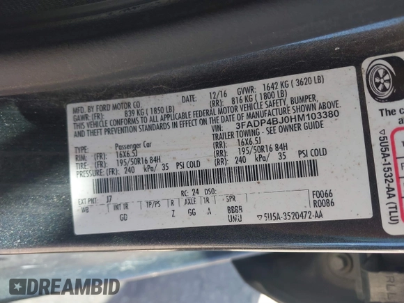 2017 Ford Fiesta SE z VIN 3FADP4BJ0HM103380, wystawiony jako IAAI lot #41849231 z przebiegiem 174 616 mil mil oraz . Historia ofert i sprzedaży dostępna na DreamBid. Obrazek 9.