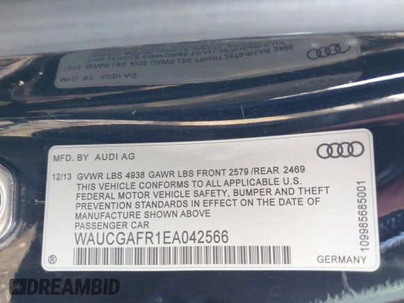 2014 Audi S5 Premium Plus with VIN WAUCGAFR1EA042566, listed as a IAAI auction lot 41632080 with 116,224 mi miles. Bid and sale history available at carsss.com. Image 9.