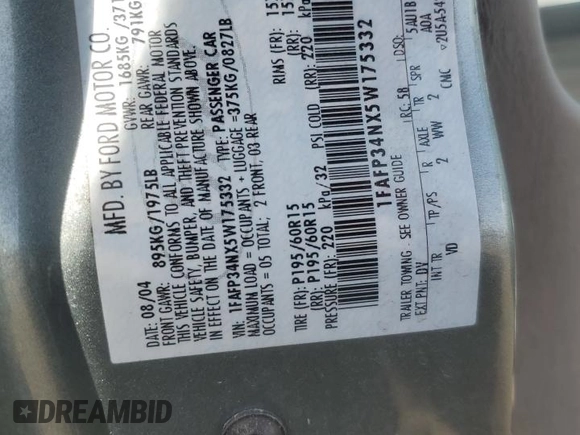 2005 Ford Focus S with VIN 1FAFP34NX5W175332, listed as a Copart auction lot 49306815 with 146,290 mi miles and Salvage Title. Bid and sale history available at carsss.com. Image 14.