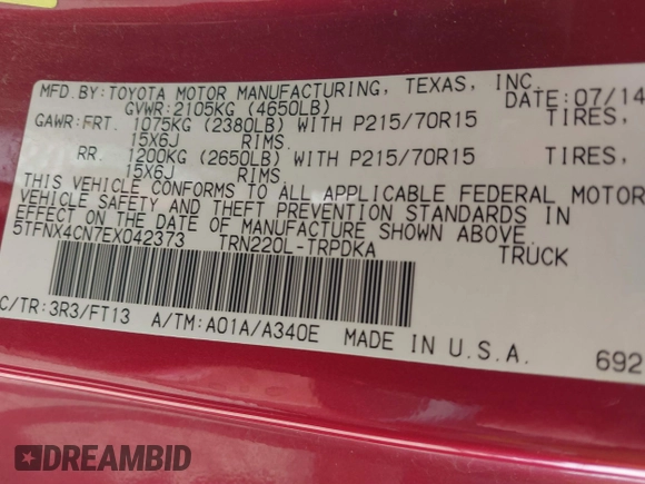 2014 Toyota Tacoma with VIN 5TFNX4CN7EX042373, listed as a IAAI auction lot 41675856 with 125,415 mi miles and . Bid and sale history available at DreamBid. Image 9.