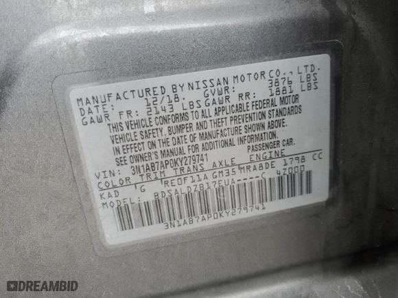 2019 Nissan Sentra SV with VIN 3N1AB7AP0KY279741, listed as a Copart auction lot 47864045 with 0 mi miles and Salvage Title. Bid and sale history available at carsss.com. Image 14.