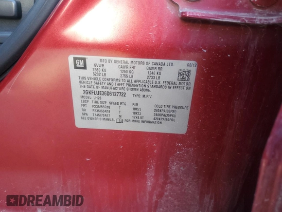 2013 GMC Terrain SLT with VIN 2GKFLUE36D6127722, listed as a Copart auction lot 47936645 with 214,169 mi miles and Salvage Title. Bid and sale history available at carsss.com. Image 13.