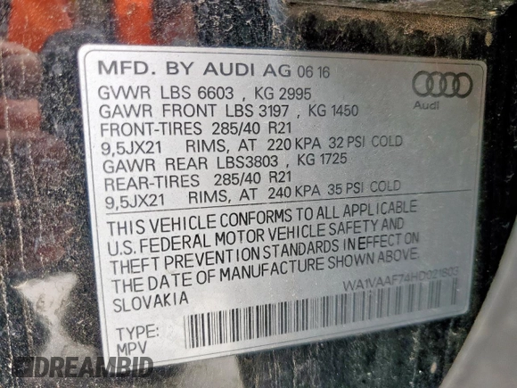 2017 Audi Q7 Prestige with VIN WA1VAAF74HD021803, listed as a Copart auction lot 54793865 with 112,890 mi miles and Clean title. Bid and sale history available at DreamBid. Image 13.