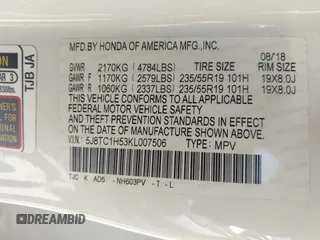 2019 Acura RDX Technology with VIN 5J8TC1H53KL007506, listed as a IAAI auction lot 42158315 with 123,323 mi miles and . Bid and sale history available at DreamBid. Image 9.