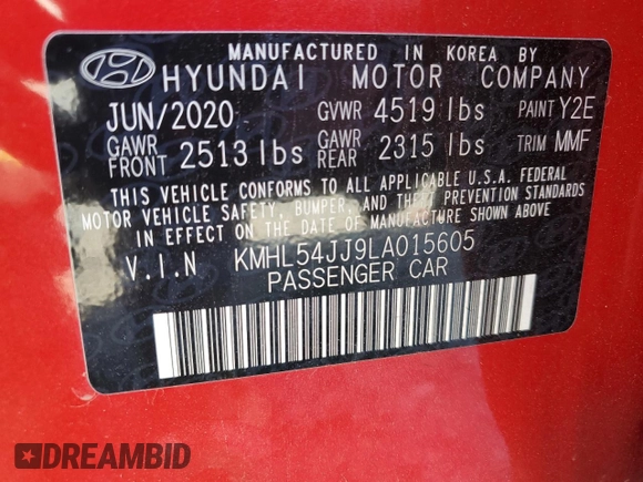 2020 Hyundai Sonata Hybrid Limited with VIN KMHL54JJ9LA015605, listed as a Copart auction lot 46945155 with 35,116 mi miles and Salvage Title. Bid and sale history available at carsss.com. Image 14.