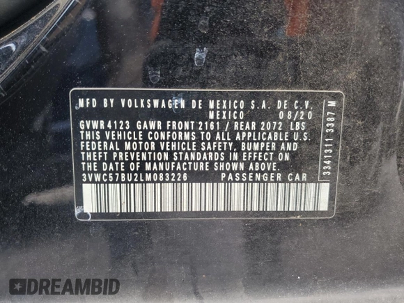 2020 Volkswagen Jetta S с VIN 3VWC57BU2LM083226, выставлен на аукционе Copart как лот 57428565 с пробегом 48 767 миль миль и Чистый • Clean title. История ставок и продаж доступна на DreamBid. Изображение 13.