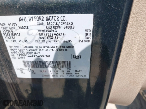 2005 Ford F-150 XL with VIN 1FTRF12255KD05760, listed as a IAAI auction lot 42642783 with 230,343 mi miles and . Bid and sale history available at DreamBid. Image 9.
