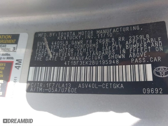 2011 Toyota Camry LE with VIN 4T1BF3EK2BU195948, listed as a IAAI auction lot 41753159 with 212,916 mi miles. Bid and sale history available at carsss.com. Image 9.