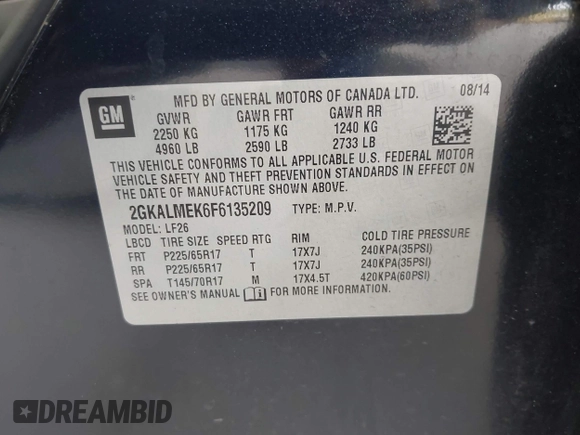 2015 GMC Terrain SLE z VIN 2GKALMEK6F6135209, wystawiony jako IAAI lot #42246811 z przebiegiem 108 741 mil mil oraz . Historia ofert i sprzedaży dostępna na DreamBid. Obrazek 9.