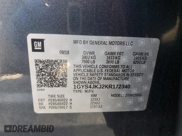 2019 Cadillac Escalade ESV Premium Luxury z VIN 1GYS4JKJ2KR172340, wystawiony jako Copart lot #84936254 z przebiegiem 107 576 mil mil oraz Szkoda całkowita • Salvage title. Historia ofert i sprzedaży dostępna na DreamBid. Obrazek 13.
