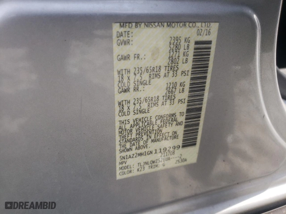 2016 Nissan Murano S with VIN 5N1AZ2MH1GN119299, listed as a Copart auction lot 65405584 with 79,759 mi miles and Salvage Title. Bid and sale history available at carsss.com. Image 16.