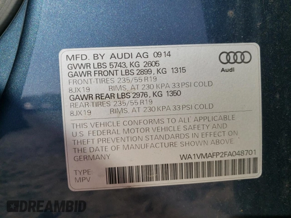 2015 Audi Q5 Prestige with VIN WA1VMAFP2FA048701, listed as a Copart auction lot 64975073 with 73,826 mi miles and . Bid and sale history available at DreamBid. Image 13.