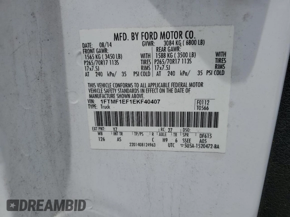 2014 Ford F-150 XL с VIN 1FTMF1EF1EKF40407, выставлен на аукционе Copart как лот 58567565 с пробегом 213 804 миль миль и Списание • Salvage title. История ставок и продаж доступна на DreamBid. Изображение 12.