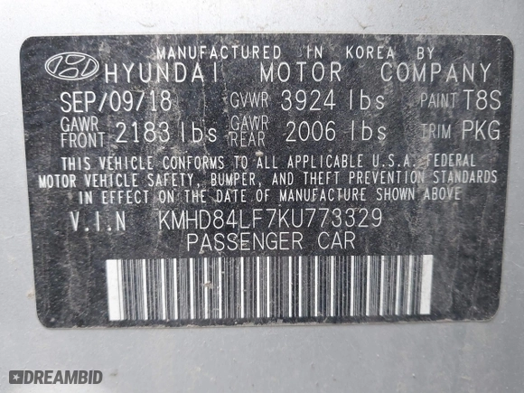2019 Hyundai Elantra Preferred with VIN KMHD84LF7KU773329, listed as a IAAI auction lot 41434350 with 63,484 mi miles. Bid and sale history available at carsss.com. Image 9.