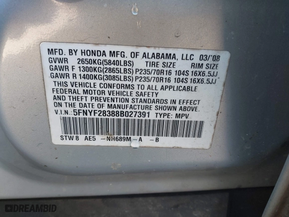 2008 Honda Pilot SE with VIN 5FNYF28388B027391, listed as a IAAI auction lot 41861572 with 183,714 mi miles. Bid and sale history available at carsss.com. Image 9.