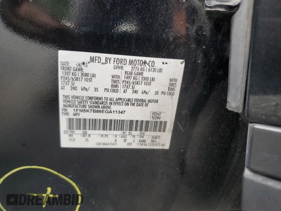 2014 Ford Explorer with VIN 1FM5K7B86EGA11347, listed as a Copart auction lot 57389235 with Not provided miles and Salvage title. Bid and sale history available at DreamBid. Image 13.