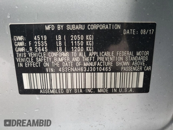 2018 Subaru Legacy Premium with VIN 4S3BNAH63J3010465, listed as a Copart auction lot 55094634 with 86,094 mi miles. Bid and sale history available at carsss.com. Image 13.