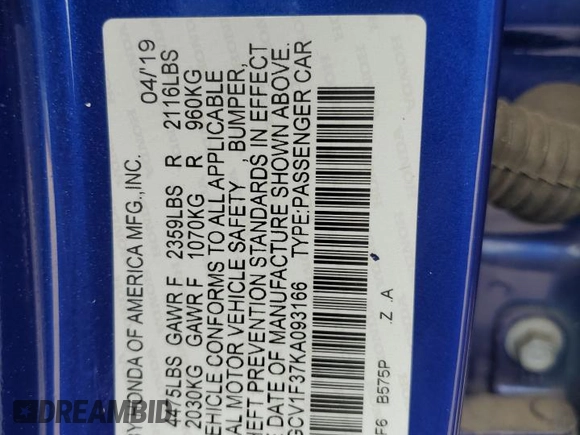 2019 Honda Accord Sport with VIN 1HGCV1F37KA093166, listed as a Copart auction lot 54473235 with 102,640 mi miles and Salvage Title. Bid and sale history available at DreamBid. Image 12.