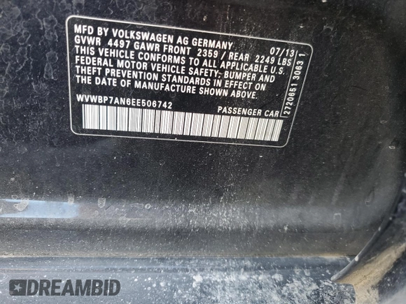 2014 Volkswagen CC R-Line с VIN WVWBP7AN6EE506742, выставлен на аукционе Copart как лот 49805825 с пробегом 70 125 миль миль и Списание • Salvage title. История ставок и продаж доступна на DreamBid. Изображение 14.
