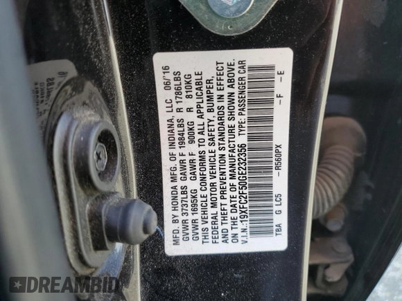 2016 Honda Civic Sedan LX with VIN 19XFC2F50GE232356, listed as a Copart auction lot 43615245 with 53,557 mi miles and Salvage Title. Bid and sale history available at carsss.com. Image 15.