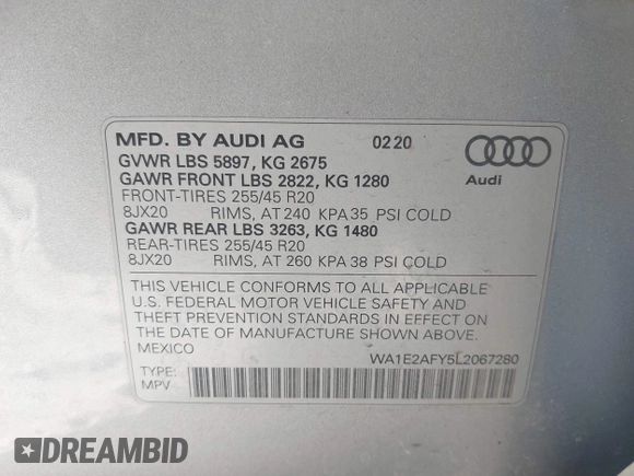 2020 Audi Q5 Premium Plus with VIN WA1E2AFY5L2067280, listed as a IAAI auction lot 42502484 with 62,583 mi miles and . Bid and sale history available at DreamBid. Image 9.